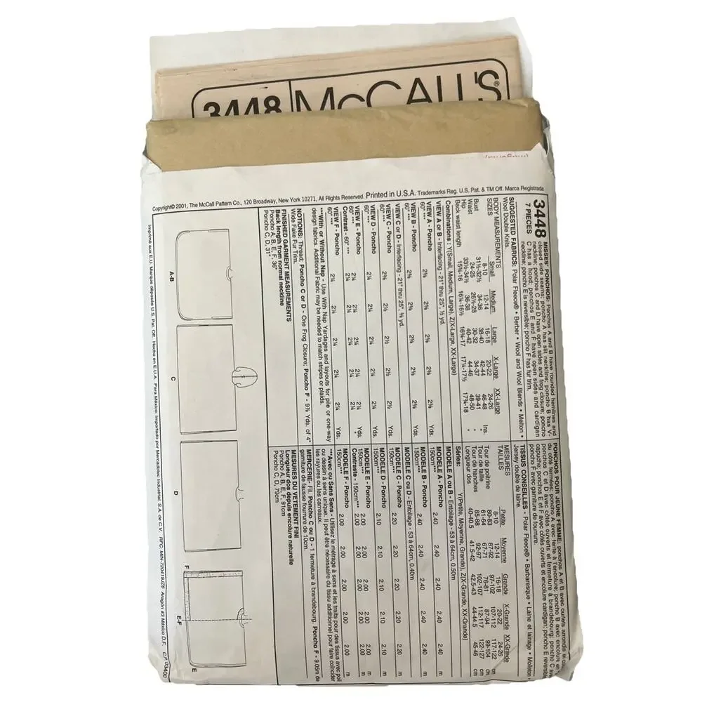 McCalls Sew Pattern 3448 Misses One Hour Ponchos Six Styles S-M-L, 8-18 UNCUT